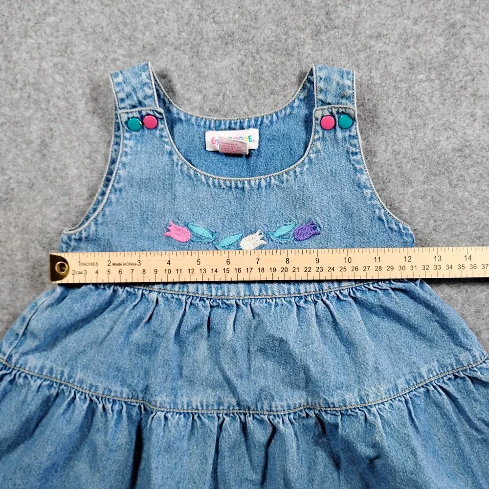 Gymboree Vintage 90s Kids Blue Denim Floral Embroidered Tiered‎ Jumper Dress M